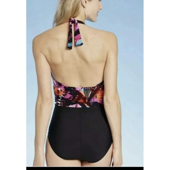 Aqua Green Women's  Black One Piece Swimsuit Abstract Floral Top Halter Sz M NEW - Picture 2 of 6